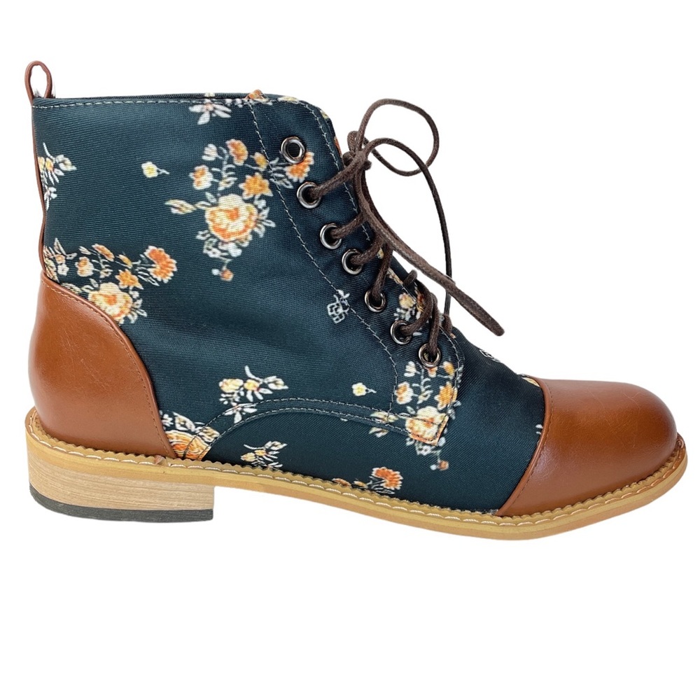 Unisex Lace Up Boots Floral Green Canvas + Brown Faux Leather size 7.5/8